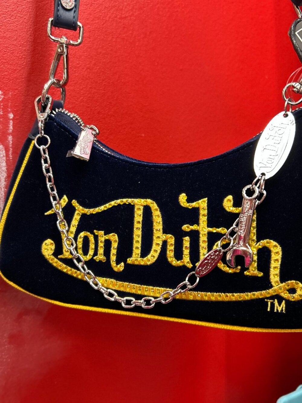 Von Dutch Blue & Yellow Rhinestone Velvet Shoulder Bag